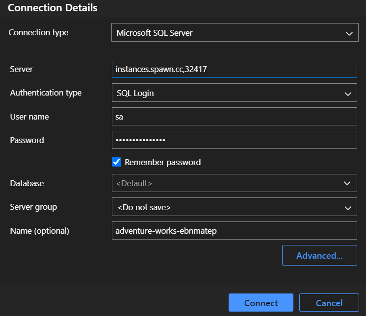 Instance connection screen in Azure Data Studio with details on spawn instance