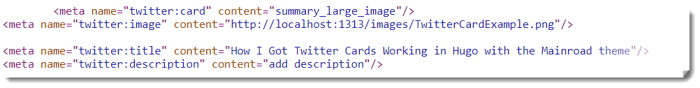 Twitter card metadata for the type of card, the image, the title, and the description &ndash; which in this case is literally &lsquo;add description&rsquo;.