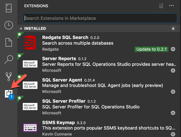 Opening up extensions in SQL Ops Studio