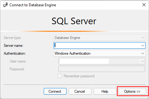 Screenshot of the connection dialog in SSMS. The options button is highlighted.